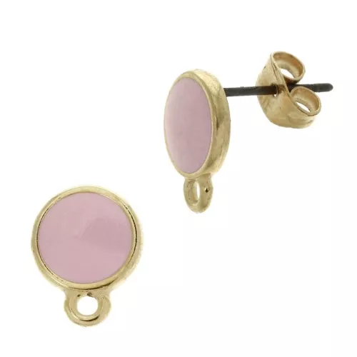 11.5x9mm Epoxy resin round earstuds with ring - Fine Gold Plated - Pink x2