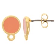 11.5x9mm Epoxy resin round earstuds with ring - Fine Gold Plated - Salmon x2|raw }}