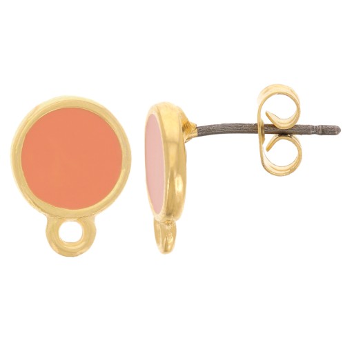 11.5x9mm Epoxy resin round earstuds with ring - Fine Gold Plated - Salmon x2