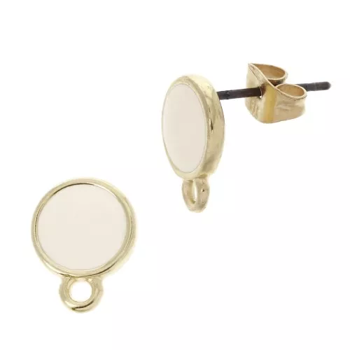 11.5x9mm Epoxy resin round earstuds with ring - Fine Gold Plated - Ivory x2