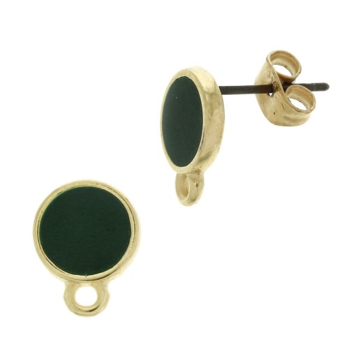 11.5x9mm Epoxy resin round earstuds with ring - Fine Gold Plated - Fir Green x2
