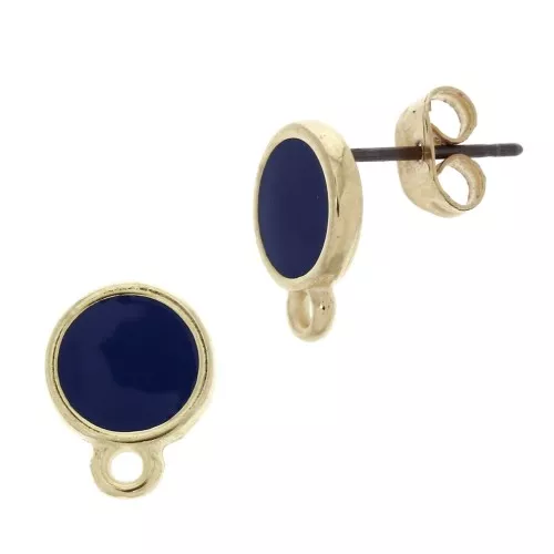 11.5x9mm Epoxy resin round earstuds with ring - Fine Gold Plated - Navy x2