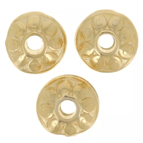 7mm Zamac flattened round beads - ethnic - fine Gold plated x4