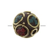 14mm Tibetan ethnic round bead - Red - Turquoise x1|raw }}