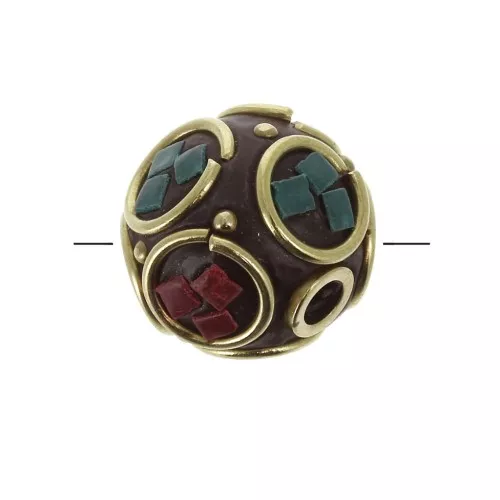 14mm Tibetan ethnic round bead - Red - Turquoise x1