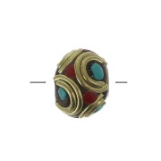 9x11mm Tibetan ethnic rondelle bead - Red - Turquoise x1|raw }}