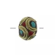 9x11mm Tibetan ethnic rondelle bead - Red - Turquoise x1