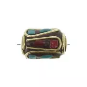 9x14mm Tibetan ethnic tube bead - Red - Turquoise x1