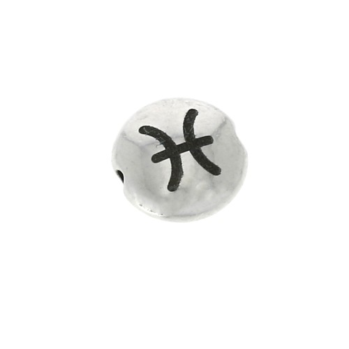8mm Round flat metal bead - Zodiac Sign Pisces - Antique Silver Tone x1