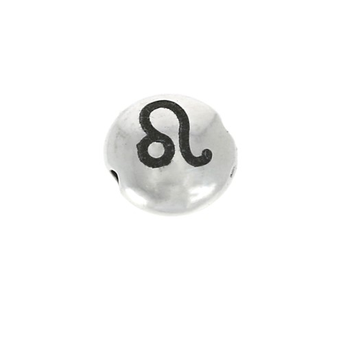 8mm Round flat metal bead - Zodiac Sign Leo - Antique Silver Tone x1