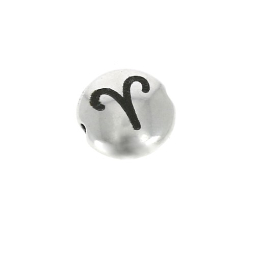8mm Round flat metal bead - Zodiac Sign Aries - Antique Silver Tone x1