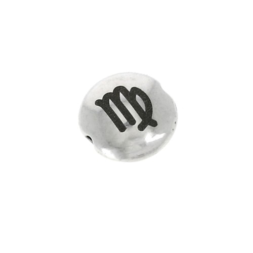 8mm Round flat metal bead - Zodiac Sign Virgo - Antique Silver Tone x1