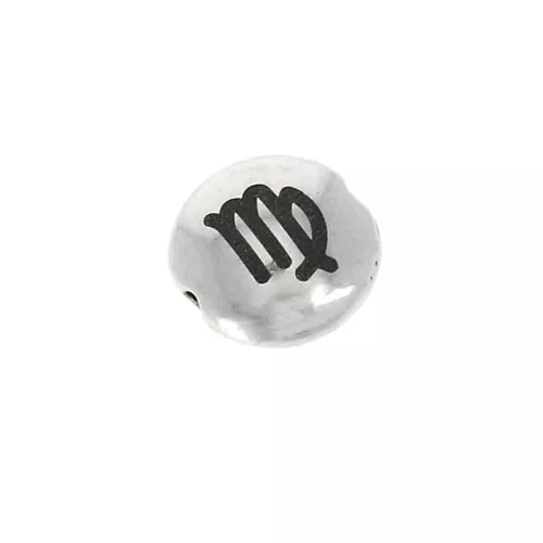 8mm Round flat metal bead - Zodiac Sign Virgo - Antique Silver Tone x1