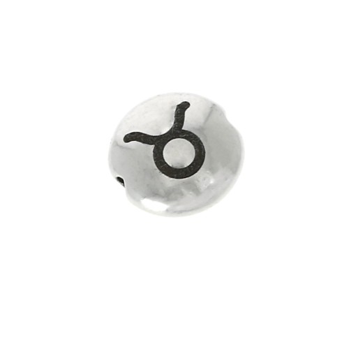 8mm Round flat metal bead - Zodiac Sign Taurus - Antique Silver Tone x1