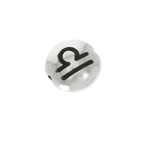 8mm Round flat metal bead - Zodiac Sign Libra - Antique Silver Tone x1