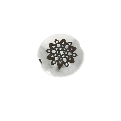 8mm Round flat metal bead - Mandala - Antique Silver Tone x1