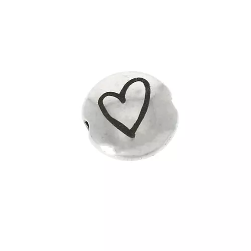 8mm Round flat metal bead - Heart - Antique Silver Tone x1