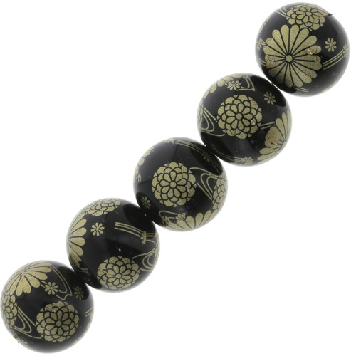 12mm Resin Japanese Tensha bead - Decal Miyuki - Black - Gold x1