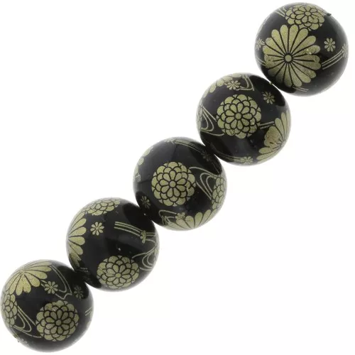 12mm Resin Japanese Tensha bead - Decal Miyuki - Black - Gold x1