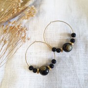 12mm Resin Japanese Tensha bead - Decal Miyuki - Black - Gold x1