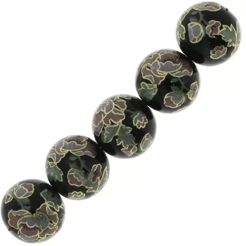 12mm Resin Japanese Tensha bead - Decal Miyuki - Black - Pink - Gold x1