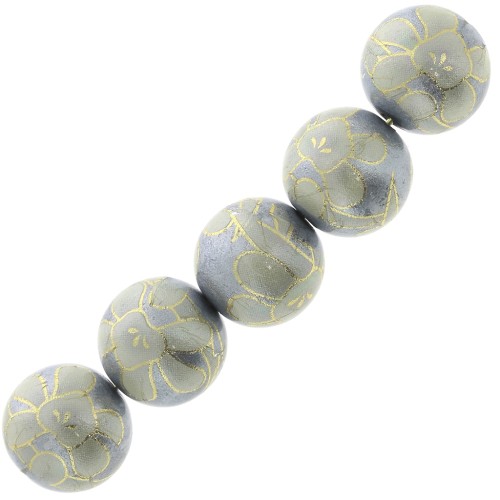 12mm Resin Japanese Tensha bead - Decal Miyuki - Grey - Cream - Gold x1