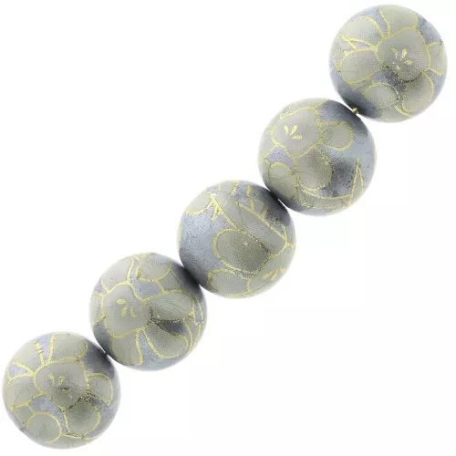 12mm Resin Japanese Tensha bead - Decal Miyuki - Grey - Cream - Gold x1
