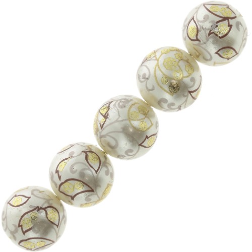 12mm Resin Japanese Tensha bead - Decal Miyuki - Cream - Brown - Gold x1
