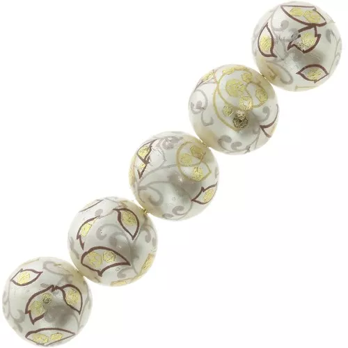 12mm Resin Japanese Tensha bead - Decal Miyuki - Cream - Brown - Gold x1