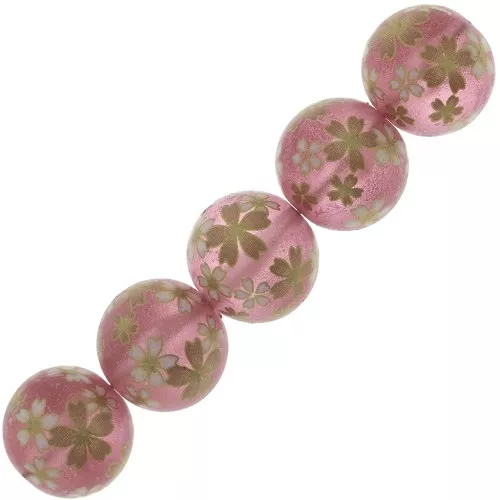 14mm Resin Japanese Tensha bead - Decal Miyuki - Transparent Pink - Gold x1