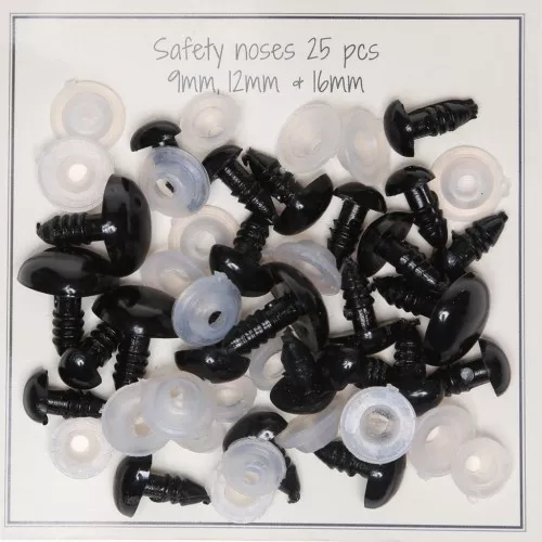 9mm - 12mm & 16mm Plastic safety noses for toys and amigurumi - Black x25