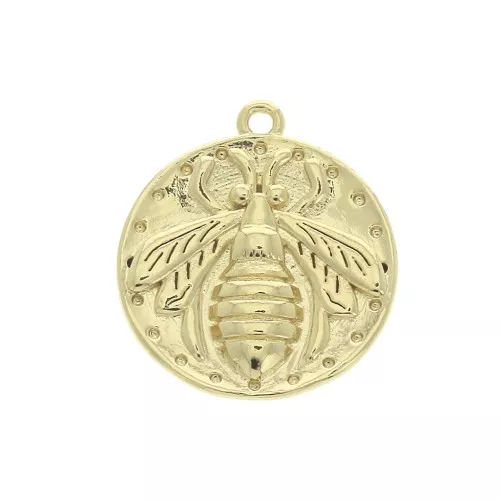 19x17 mm Round pendant with embossed bee - Gold plated 3 micron x1