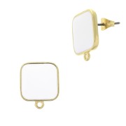 17x15mm Square earstuds with epoxy resin - Fine Gold Plated - White x2
