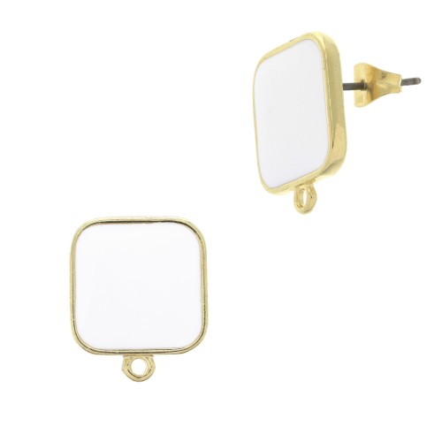 17x15mm Square earstuds with epoxy resin - Fine Gold Plated - White x2