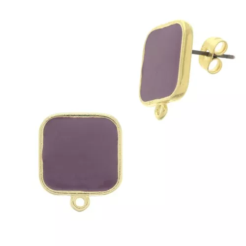 17x15mm Square earstuds with epoxy resin - Fine Gold Plated - Plum x2