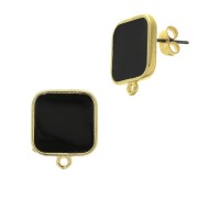 17x15mm Square earstuds with epoxy resin - Fine Gold Plated - Black x2|raw }}