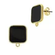17x15mm Square earstuds with epoxy resin - Fine Gold Plated - Black x2