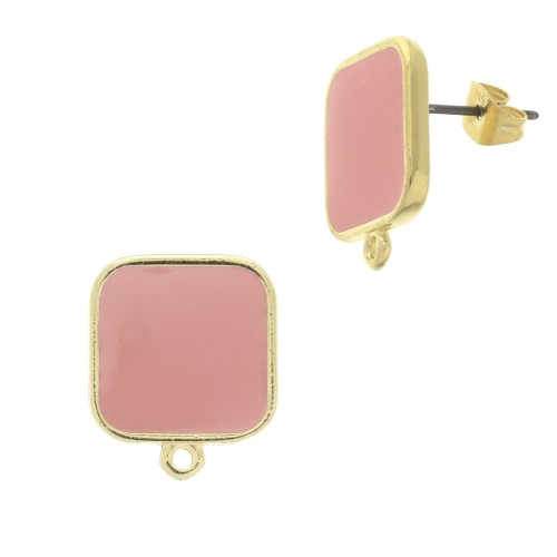 17x15mm Square earstuds with epoxy resin - Fine Gold Plated - Light Coral x2