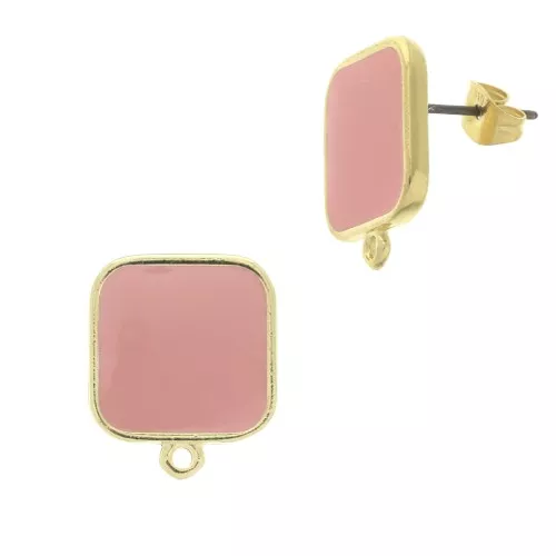 17x15mm Square earstuds with epoxy resin - Fine Gold Plated - Light Coral x2