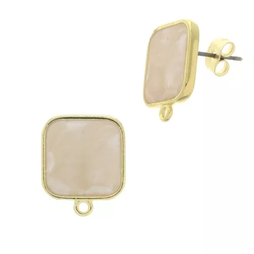 17x15mm Square earstuds with epoxy resin - Fine Gold Plated - White Pearl x2