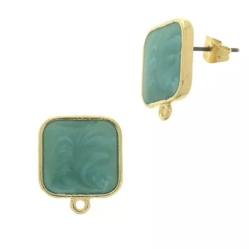 17x15mm Square earstuds with epoxy resin - Fine Gold Plated - Turquoise Pearl x2
