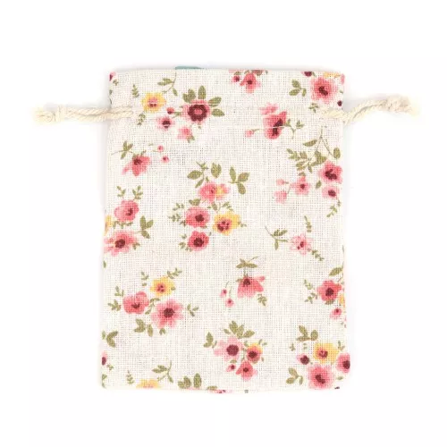 95x135mm Cotton pouch with flowers pattern for jewellery - Green - Pink x1