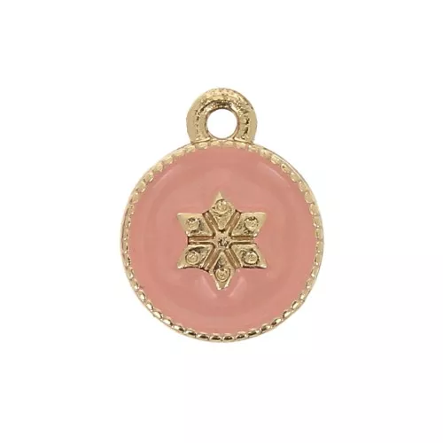 12x10mm Round charm with epoxy resin and star pattern - Gold Tone - Baby Pink x1