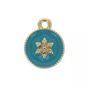 12x10mm Round charm with epoxy resin and star pattern - Gold Tone - Turquoise x1