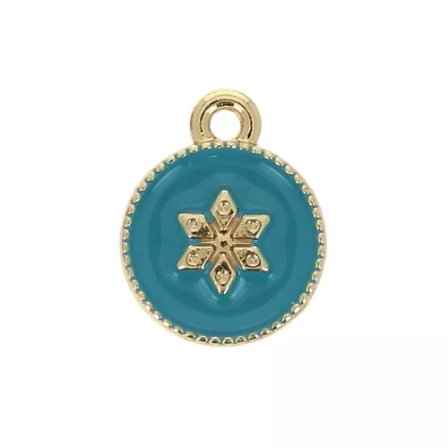 12x10mm Round charm with epoxy resin and star pattern - Gold Tone - Turquoise x1