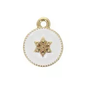 12x10mm Round charm with epoxy resin and star pattern - Gold Tone - White x1