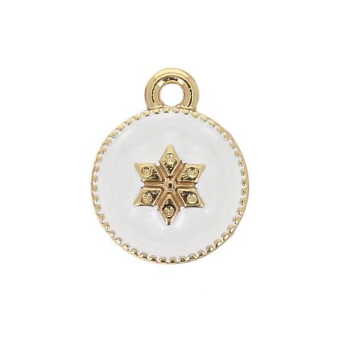 12x10mm Round charm with epoxy resin and star pattern - Gold Tone - White x1