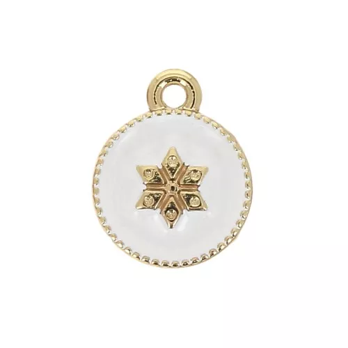 12x10mm Round charm with epoxy resin and star pattern - Gold Tone - White x1