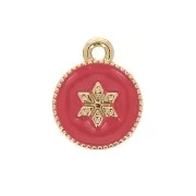 12x10mm Round charm with epoxy resin and star pattern - Gold Tone - Coral x1