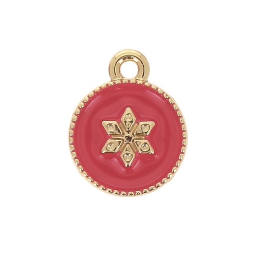 12x10mm Round charm with epoxy resin and star pattern - Gold Tone - Coral x1